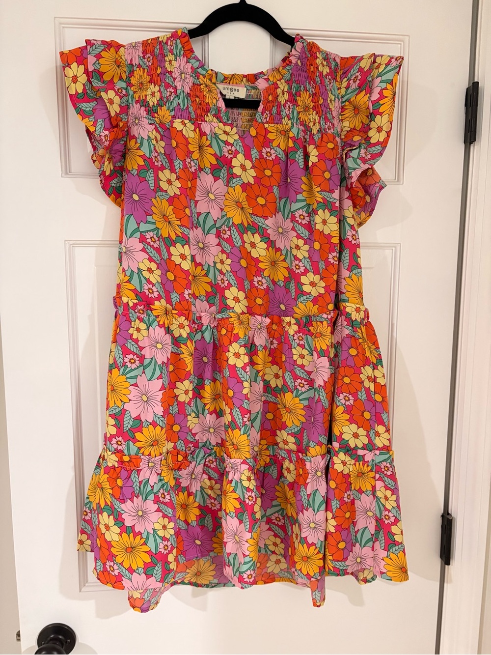 Umgee Floral Tiered Flutter-Sleeve Dress - Pink, Orange, Yellow